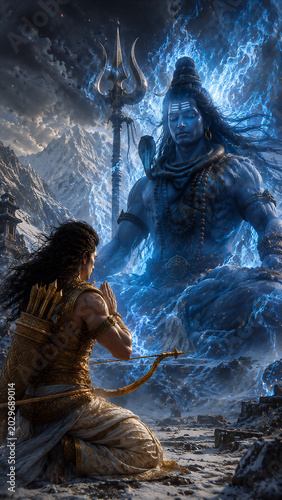 Devotee Praying Before Majestic Lord Shiva on Holy Kailash Mountain in Blue Light