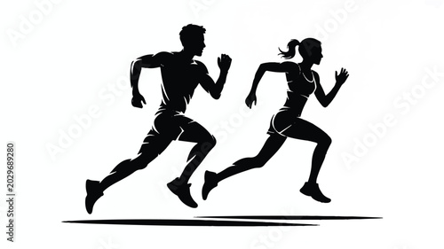 Two people running silhouette vector illustration with running shoes, silhouette