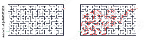 Photos Maze design with solution path illustrated in red lines