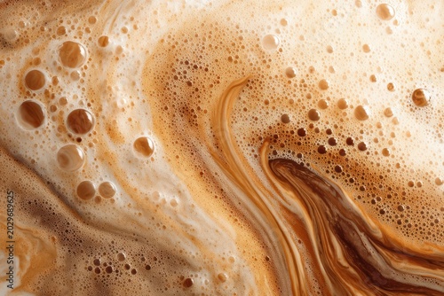 Swirl of frothy coffee, abstract patterns and textures in milky brown liquid, top view.