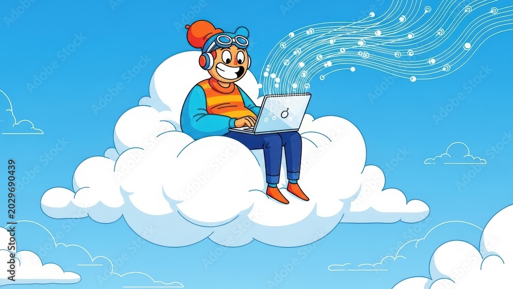 Fototapeta premium Character on a cloud working on a laptop, representing cloud computing.