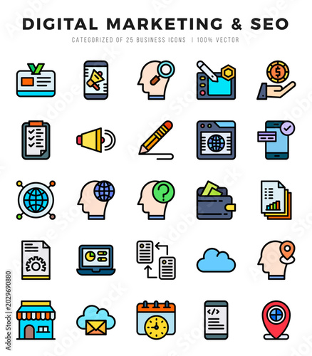 Digital Marketing & SEO web icons in Lineal Color style.
