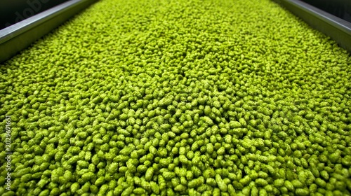 Close up of fresh green hops on metal conveyor belt in brewery processing facility, industrial harvest production concept with selective focus and shallow depth of field texture detail