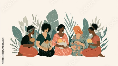 A group of new mothers meets in a circle to share experiences and support each other with their babies in a welcoming environment.