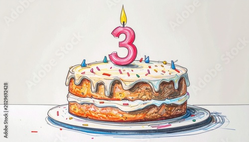 Pencil sketch of a birthday cake with number 3 candle. Festive image for birthday or anniversary party