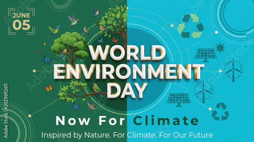 Split background, poster for environment, day with trees, birds, and renewable, generated using ai
