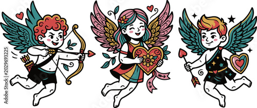 Schilderij op canvas Romantic Cupid Angels in Modern Colorful Style