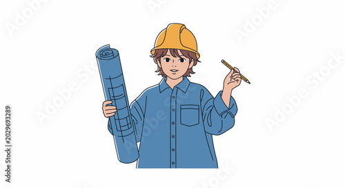 Cartoon man in hard hat holding plans.