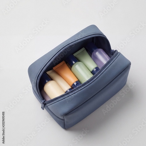 Compact denim blue cosmetic travel organizer pouch filled with assorted beauty skincare bottles tubes and toiletries on a neutral light grey backdrop