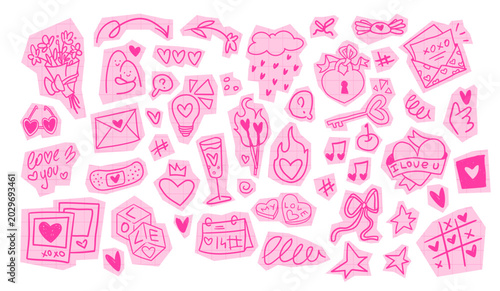 Bild auf Leinwand Scrapbook love stickers with pink doodle icons on paper background