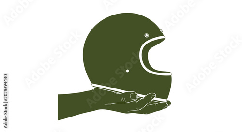 Hand holding classic olive green motorcycle helmet design