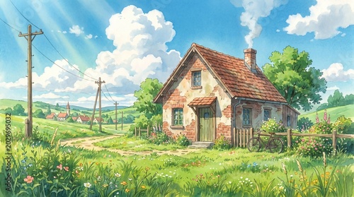 Charming watercolor style illustration of a rustic stone cottage in a lush green meadow under a bright sunny sky with fluffy clouds and power lines
