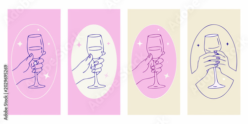 Tableau sur toile wine glass line art panels hand holding stemware illustration