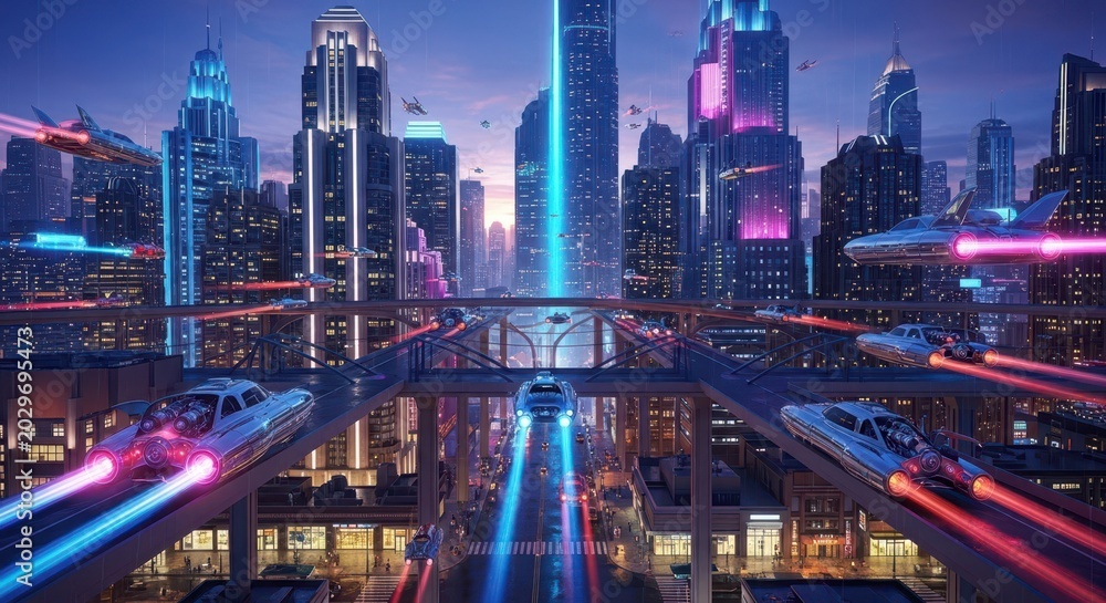 Fototapeta premium Futuristic cityscape with flying cars at dusk showcasing urban innovation and advanced technology