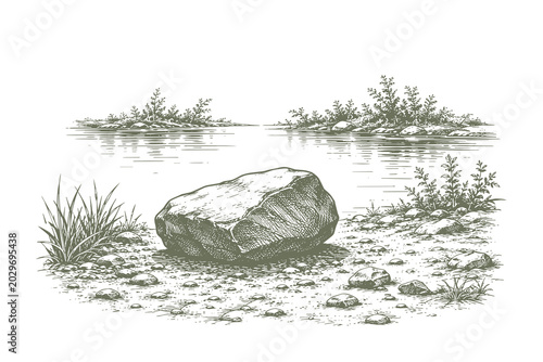 Engraving style vector illustration of a large boulder rock on the shore of a calm lake or river landscape, designed as a vintage nature scene.