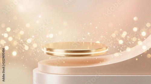 Elegant floating gold ring podium on a soft pastel peach and beige background with glowing light sparkles, warm bokeh circles, and abstract waves