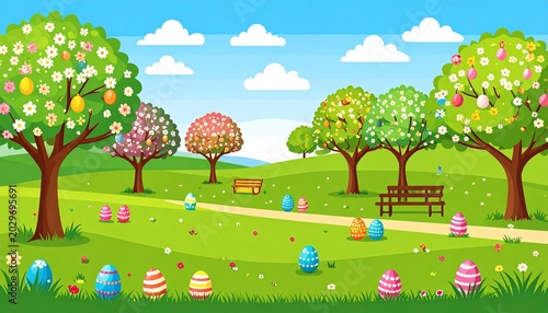 Vibrant Easter Egg Hunt in a Lush Green Park Landscape.