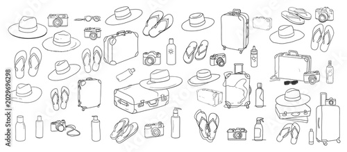 Hand drawn vacation travel items set with hats suitcases cameras and flip flops