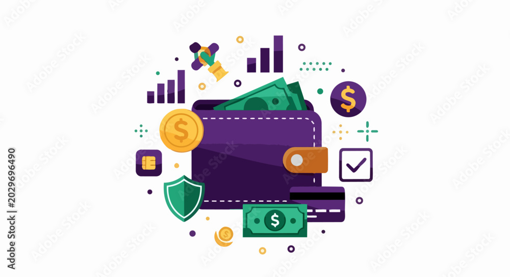 Fototapeta premium Digital Wallet and Financial Management Concept Vector Illustration with Cash, Credit Card, and Growth Icons