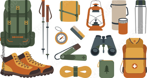 Foto Flat Design Camping and Hiking Equipment Vector Illustration Set Featuring Backp