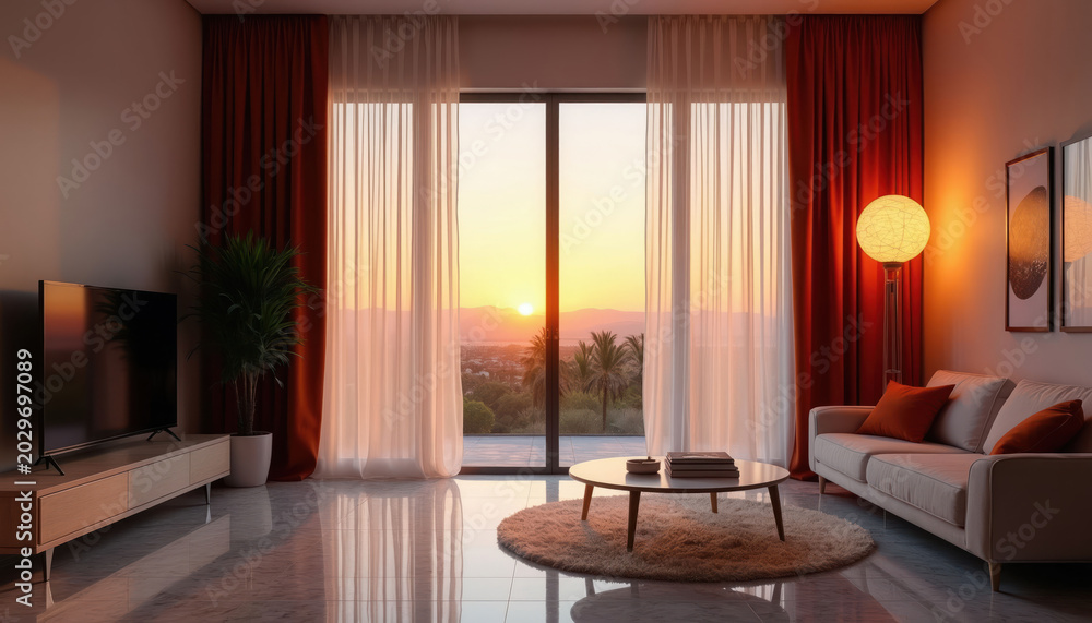 Fototapeta premium Modern living room with large windows showing sunset view. Sheer and dark curtains frame the scene. Elegant interior design with sofa and coffee table.