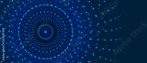 Vortex tunnel circularly twisted with bright blue glare shining particles, Tech helix abstract background dark blue, AI technological dark blue background design.