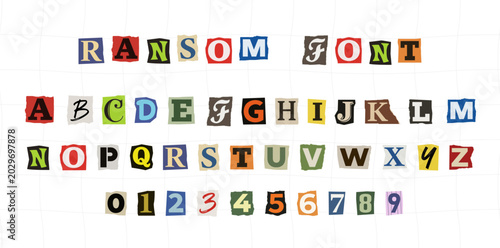 Konstfotografi ransom font cutout alphabet collage vector set with colorful paper letters numbe