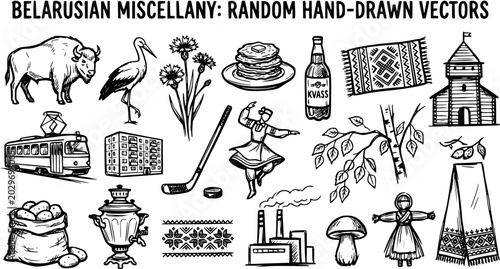 Schilderij op canvas Belarusian Miscellany: Hand-Drawn Vector Icons of Culture, Nature, and Industry
