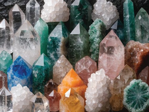 Tableau sur toile Colorful crystals and minerals in various shapes and sizes on display  crystals