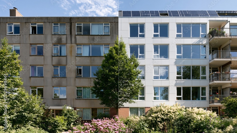 Fototapeta premium Side by side view of two apartment buildings showcasing contrasting architectural styles, one with a weathered facade and the other modern with large windows and solar panels