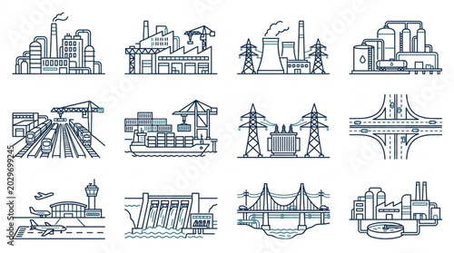 Collection of Industrial and Urban Infrastructure Line Art Icons.