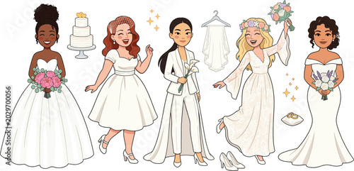 Photos Diverse Brides and Modern Wedding Fashion Vector Set Featuring Women in Differen