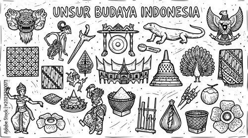 Schilderij op canvas Indonesian Cultural Elements Icons - Batik, Peacock, Borobudur, Garuda, Komodo D