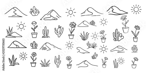 Desert themed doodle icons with sand dunes cacti and sun elements