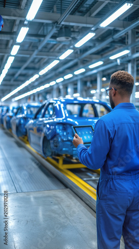 Automotive engineer monitoring vehicle assembly line with digital tablet. Quality control and production management in modern car manufacturing facility.