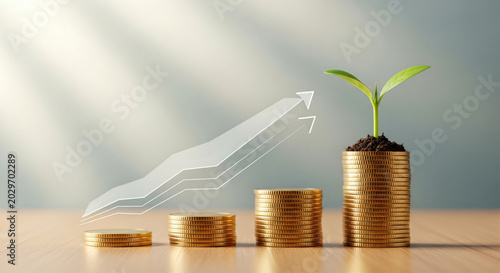 return on investment concept, financial growth plant on coins, product shot, copy space