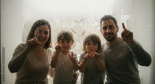 Família de quatro pessoas posando junta com os dedos apontando para cima.