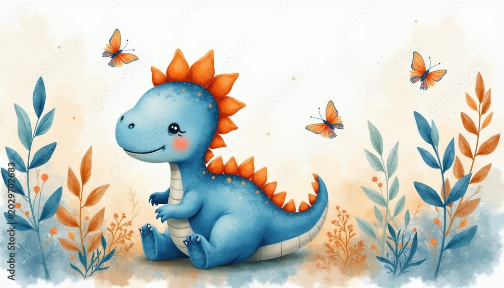 Fototapeta premium Cute blue baby dinosaur sits in soft pastel foliage. Orange butterflies fly around this adorable prehistoric creature. Gentle art style with watercolor effect.