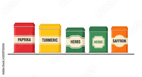 Flat vector illustration of spice jars labeled paprika, turmeric, herbs, and saffron on white background