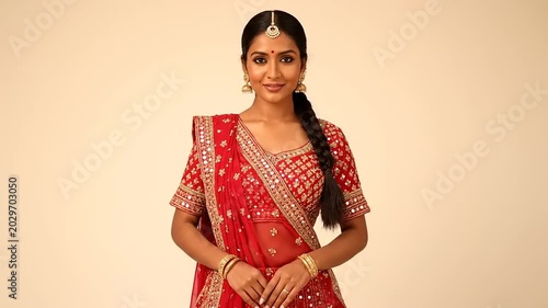 Beautiful Indian Woman Wearing Traditional Red Lehenga and Jewelry.