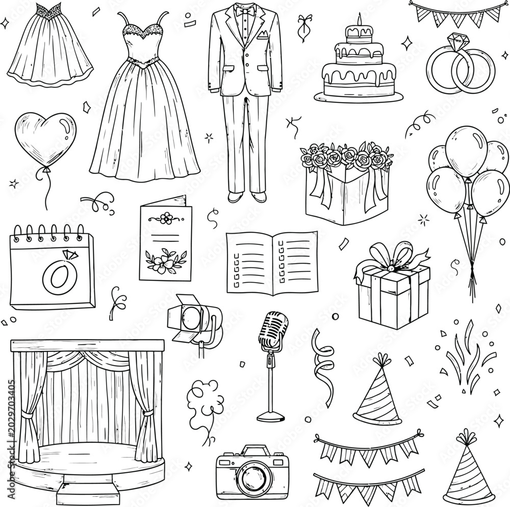 Obraz premium Wedding party icons and elements collection with hand drawn