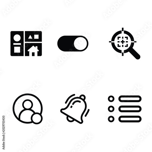 Collection of digital interface elements including dashboard layout toggle switch search target profile alert list