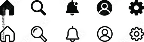Minimalist interface icons set representing user profile settings search and navigation tools for modern website design
