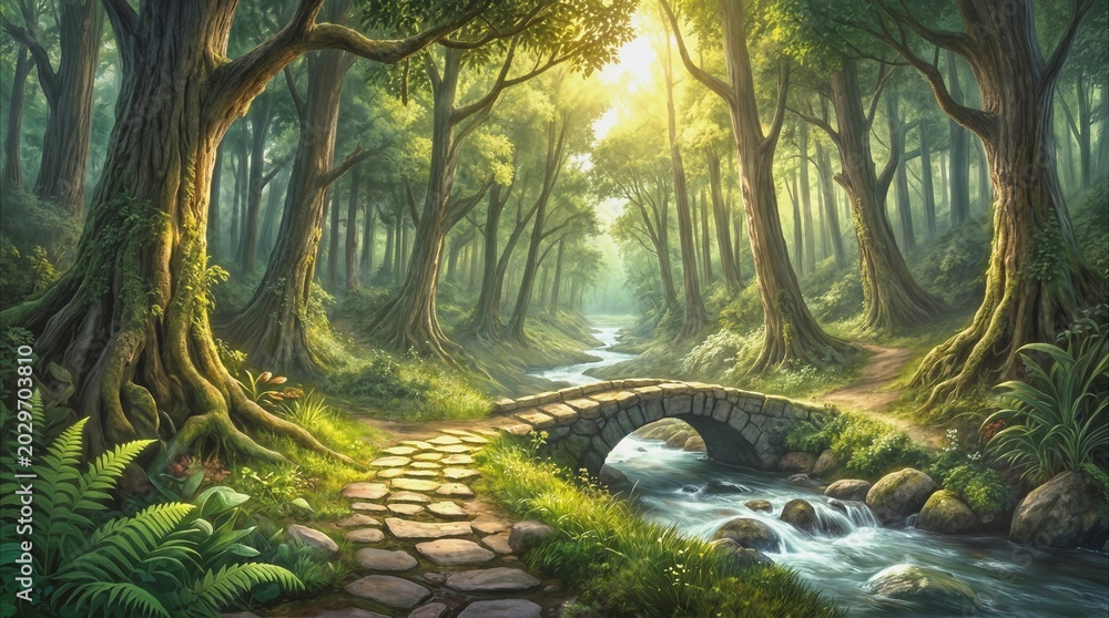 Fototapeta premium Forest path leading to stone arch bridge over flowing stream. Sunbeams filtering through dense canopy in lush woodland landscape.