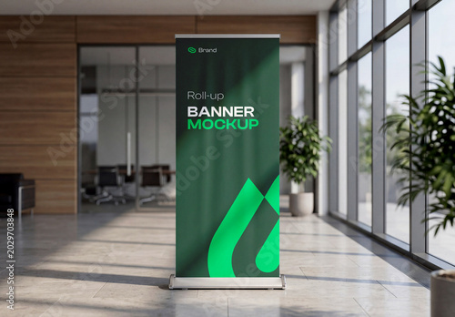 Realistic Indoor Roll-Up Banner Mockup PSD
