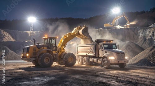 Loading gravel into a dump truck with a wheel loader at a quarry during night shift operations. High-intensity floodlights illuminate the mining site and heavy equipment.