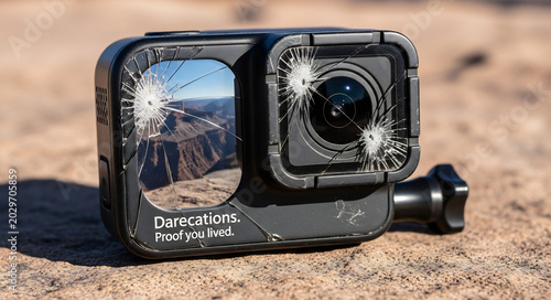 Broken gopro hero action camera resting on a rocky surface
