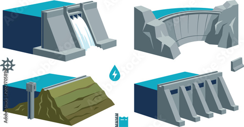 Schilderij op canvas Isometric Hydroelectric Power Plant and Water Dam Vector Set with Different Conc