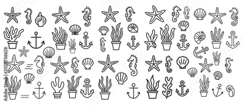Nautical themed icons set featuring starfish seahorses shells seaweed and anchors vector illustration