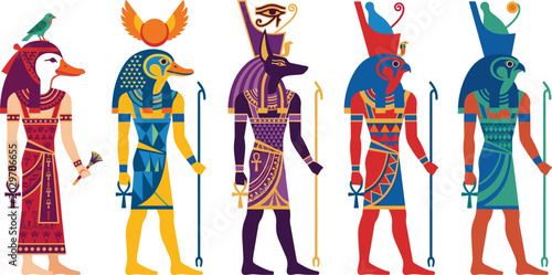 Foto Ancient Egyptian Gods and Deities Vector Illustration Set featuring Anubis Horus